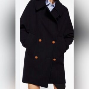 Zara dark navy coat with brown/orange buttons